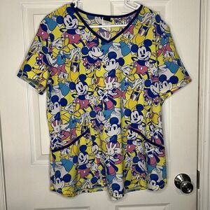 Disney Large Women's Minnie Mickey Scrub Top Pluto Donald Duck Goofy Daisy